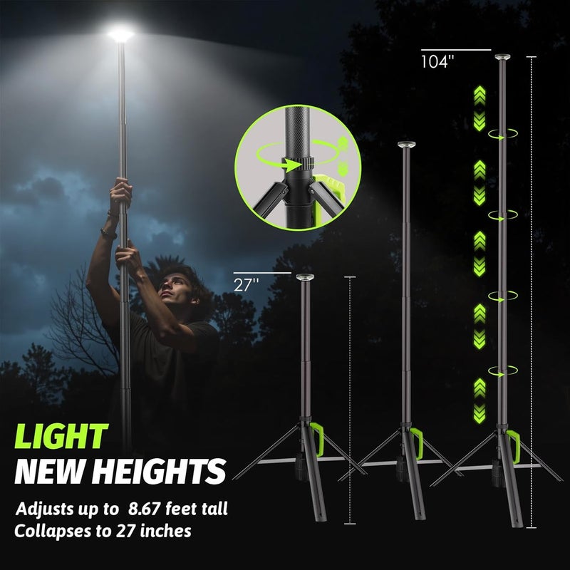 Tresda Store Telescoping Camping Light with Stand, 8.4FT 3000LM Rechargeable LED Work Light with Remote, Portable Outdoor Light with Tripod, 6000mAh, Dimmable for Jobsite, Sports Field, Emergency, Gift - Image 2